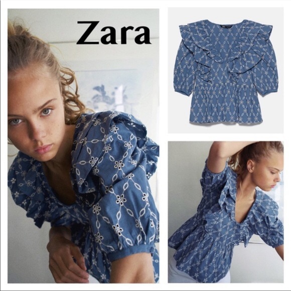 Zara blue eyelet embroidered sold out top - Picture 2 of 3